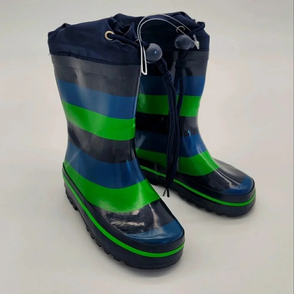 New Impidimpi BABY TODDLER BOYS RUBBER RAIN BOOTS Striped Navy Green SZ 8 - Picture 1 of 10